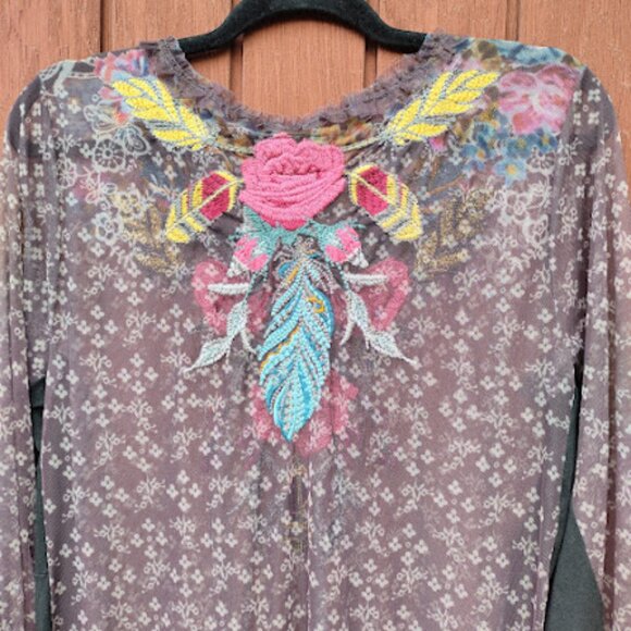 BIYA JOHNNY WAS | Sheer Mesh Floral Embroidered Balloon Sleeve Brown Dress S - Picture 11 of 16